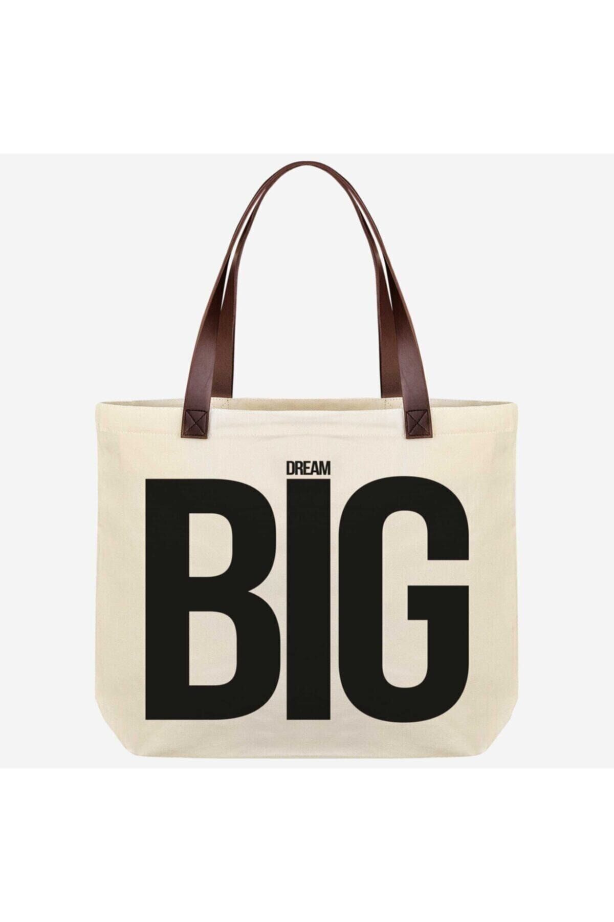 Unisex Beyaz Dream Big Baskılı Fermuarlı Bez Omuz Çantası
